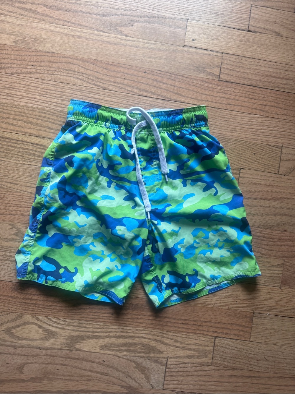 Kids Green & Blue Camo Swim Trunks with Drawstring